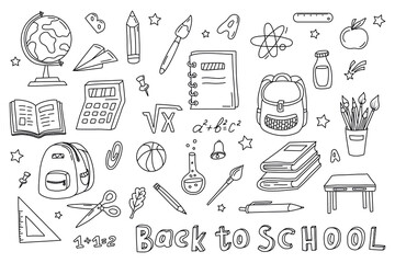 Hand drawn school supplies. Back to School concept. School object collection, doodle . Sketch icon set. Good for wrapping paper, stationery, scrapbooking, wallpaper, textile prints. Vector illustratio - obrazy, fototapety, plakaty
