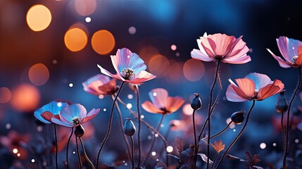 blue and pink flowers background or wallpaper beautiful with lights