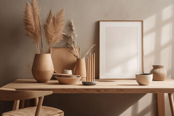 Elegant Scandinavian Living Room: Blank Wooden Frame Mockup and Cozy Interior Decor