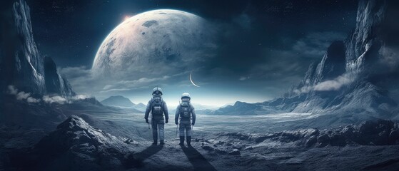 Two Astronauts in Space Suits Stand on the Planet and Looking at the The Milky Way Galaxy.