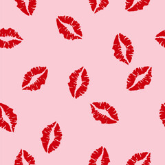 Red lip print on pink background. Seamless pattern with kiss. Decorative wallpaper for St Valentines day or wedding design.