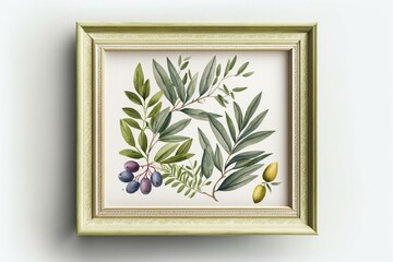 Watercolor illustration of olive leaves and fruit in a frame. Generative AI