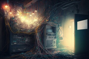 Bright server room with messy wiring. Generative AI