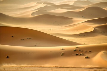 Fototapeta na wymiar Landscape of golden sand dunes in Sahara desert. Generative Ai