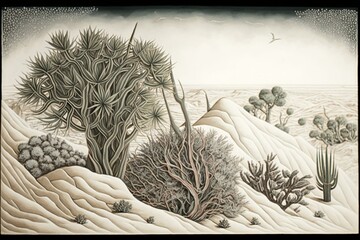 A highly detailed winter landscape featuring sand dunes, snowy pines, and cacti with intricate ornamentation. Generative AI