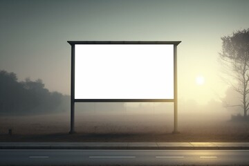 An empty billboard stands against a hazy sunrise background. A template for advertising. Generative AI
