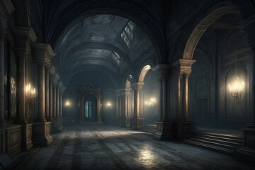A nighttime hall of a deserted palace or castle. Generative AI