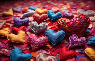 Hearts Made Of Cloth With Brown Color Background