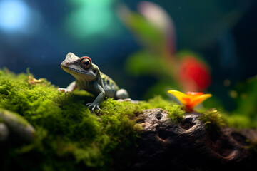 Cute close-up of a Gecko in a tree trunk with moss in the forest. Amazing wildlife. Generative Ai