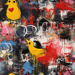Graffiti art birds repeat pattern, colorful funky 
