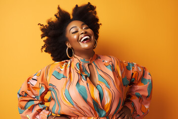 Fototapeta premium plus sized smiling happy black woman with afro wearing bright clothes on a pastel background, studio shot