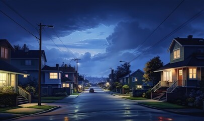 Street in suburb district. Ai art. Suburban cottages 