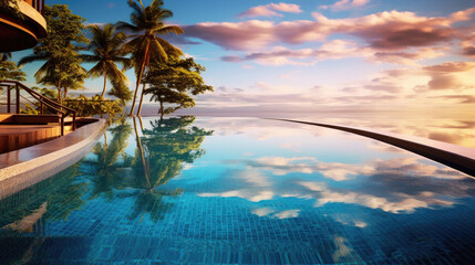 A luxurious infinity pool at a tropical resort on a sunny day.