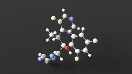 voriconazole molecule, molecular structure, azoles, ball and stick 3d model, structural chemical formula with colored atoms