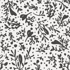 Monochrome botany seamless repeat pattern. Random placed, vector herbs and dots all over surface print in black and white.