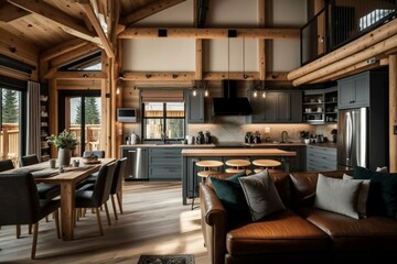 Fototapeta na wymiar Interior of a contemporary alpine cabin with rustic wood accents. Generative AI