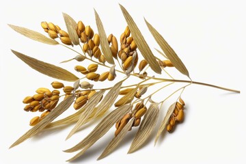Mature golden oats on white, isolated, focus. Generative AI