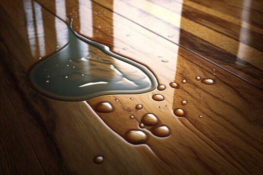 Water on wooden laminate and parquet board. Protects the floor from moisture. Generative AI