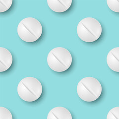 Vector Seamless Pattern with 3d Realistic White Round Pharmaceutical Medical Pill, Capsule, Tablet Closeup On Blue Background. Front View. Medicine, Health Concept