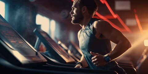 Fototapeta na wymiar Man in sportswear running on a treadmill during a workout at the gym, Fitness male using machine for cardio workout at gym, generative ai