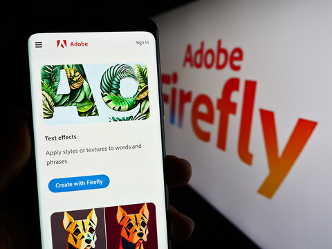 Stuttgart, Germany - 07-15-2023: Person holding smartphone with web page of generative AI product Adobe Firefly on screen in front of logo. Focus on center of phone display.
