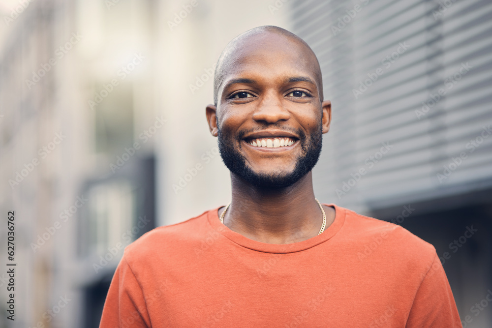 Poster .Black man, smile and portrait outdoor on a city street with a positive mindset, confidence and freedom. Face of a happy african person or student on an urban road with casual style for travel.