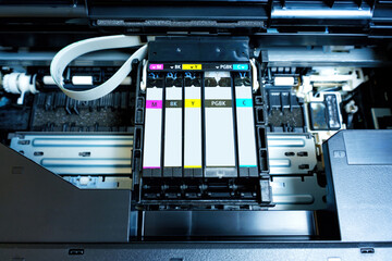 Inkjet Printer Carriage with Installed Cartridges Close-up
