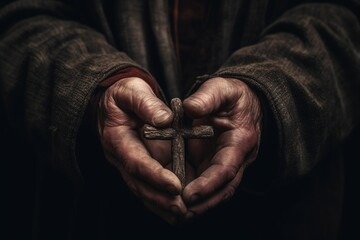 A wooden cross in the hands of an old man during a prayer. Generation AI