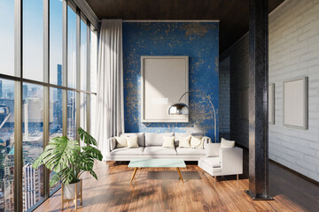 luxurious loft apartment with window; minimalistic interior living room design; 3D Illustration