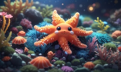 Cute Starfish Underwater With Coral And Reef, 3D Render
