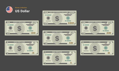 US Dollar bills. American money banknotes. Currency vector set. Stylized drawing of bills 100, 50, 20,10, 5, 2, 1. Flat vector illustration. - obrazy, fototapety, plakaty