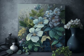 Floral painting in blue and green hues with leaves on a gray background. Generative AI