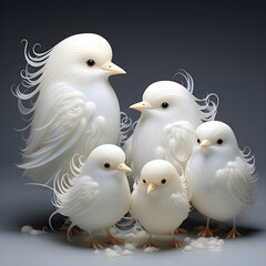 Fototapeta premium A family of five white birds on a Black background. Generated Ai