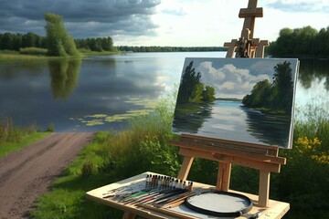 Painting on easel with lake in background. Generative AI