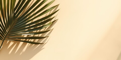 Fototapeta premium Tropical bright palm leaves on cream background with copy space. Tropical summer concept. Minimal flat lay, generative ai