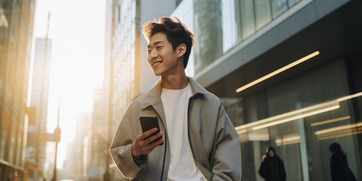Young asia man using smartphone standing on city street the warm glow of the sun shining down, generative ai