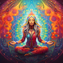 Obraz na płótnie Canvas A colorful design of a young woman meditating in a yoga pose for mental freedom and physical healing. Generated Ai