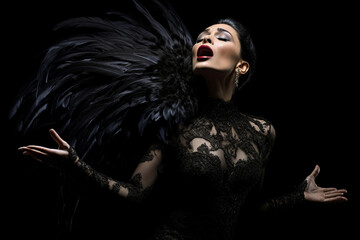 Opera singer screaming on black background, AI generated