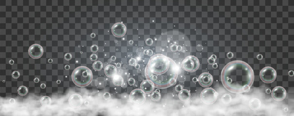 Air bubbles on a transparent background. Soap foam vector illustration.	


