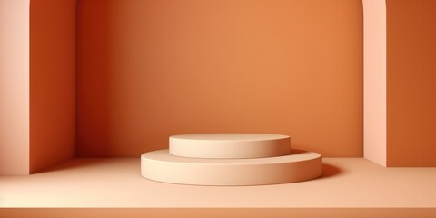 Podium cream and beige minimal on orange background. stand to show products. Stage Showcase on pedestal beige, generative ai