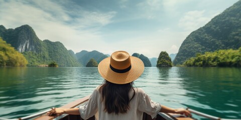 Back view of the young woman tourist in straw hat relaxing on the boat and looking forward into sea. Travelling tour in Asia, generative ai - obrazy, fototapety, plakaty