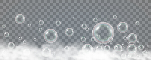 Air bubbles on a transparent background. Soap foam vector illustration.	

