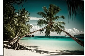 Tropical beach with palm trees and crystal clear water. Generative AI