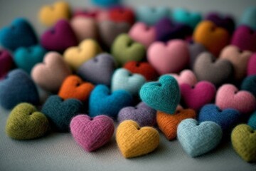 Fototapeta na wymiar Colorful woolen tiny hearts. Generative AI