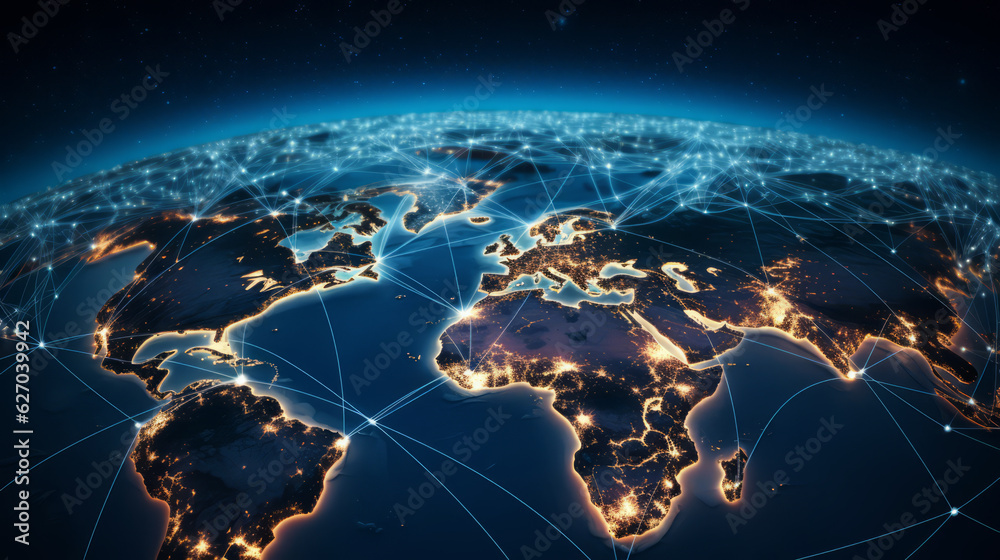 Wall mural Planet Earth at night seen from space showing North America, South America, Europe, Africa, Asia and the Middle East connected in a global network, technology and global community concept.