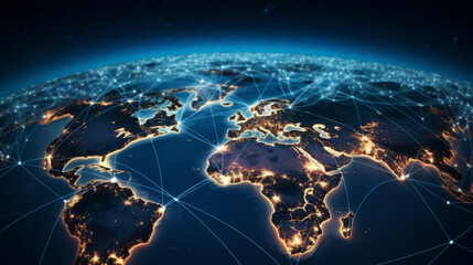 Planet Earth at night seen from space showing North America, South America, Europe, Africa, Asia and the Middle East connected in a global network, technology and global community concept. - obrazy, fototapety, plakaty