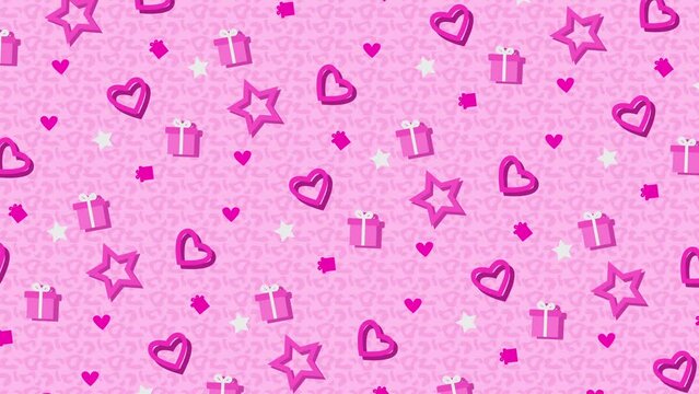 Love Pink Patterns background in pink and white colors with hearts, gifts and stars on seamless loops. Perfect for Valentine's Day, baby, beauty, fantasy, magical, princess videos.