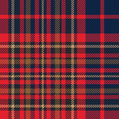 Red, blue and brown tartan plaid. Scottish pattern fabric swatch close-up. 