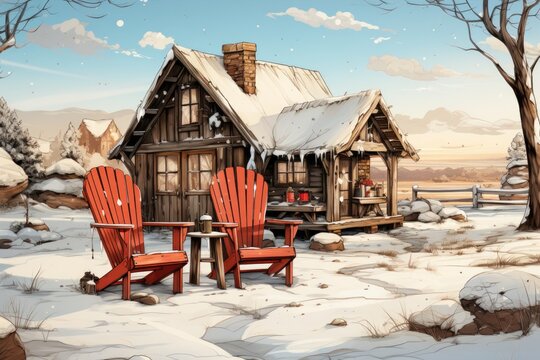 A painting of a cabin in the snow. Wintertime vacations, rental property in low season.