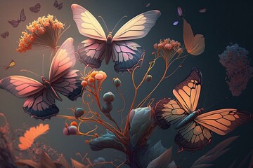 Butterflies fluttering around dreamy flowers. Generative AI